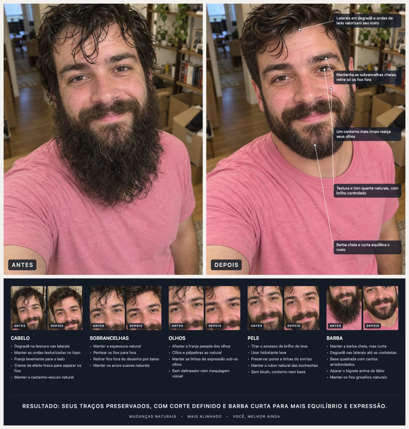 O plano de visual completo do exemplo acima: antes e depois, detalhes de cada área e instruções.