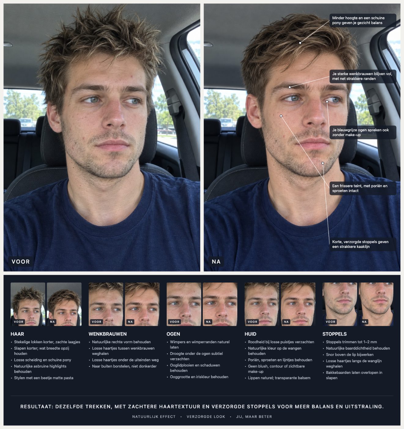 Het volledige stijlplan bij het voorbeeld hierboven: voor en na, close-ups per zone en de bijbehorende aanwijzingen.
