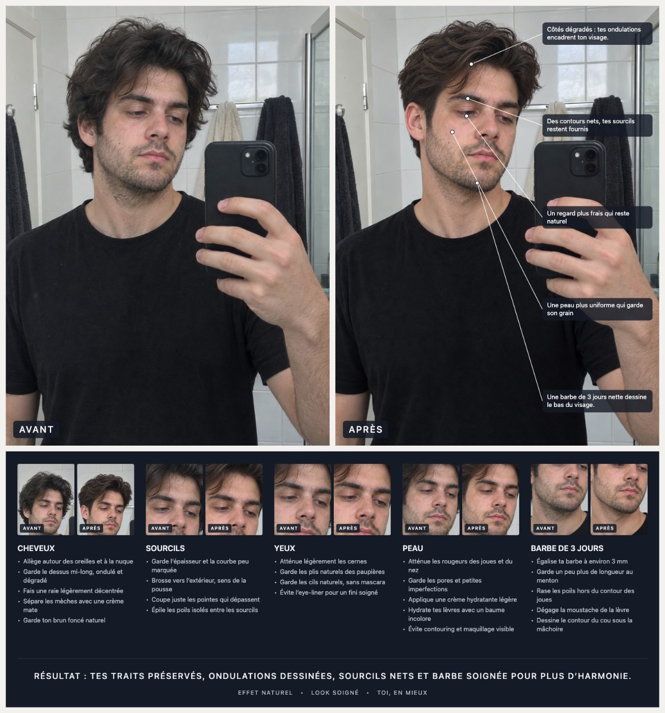 La fiche de style complète de l’exemple ci-dessus : avant/après, gros plans de chaque zone et consignes.